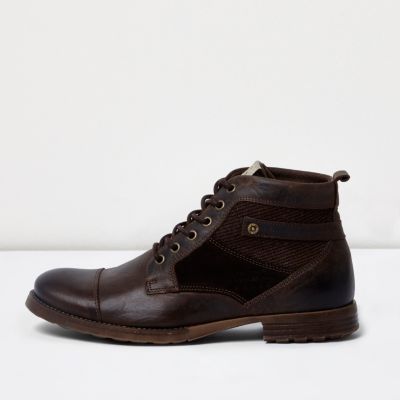 Dark brown leather panel work boots